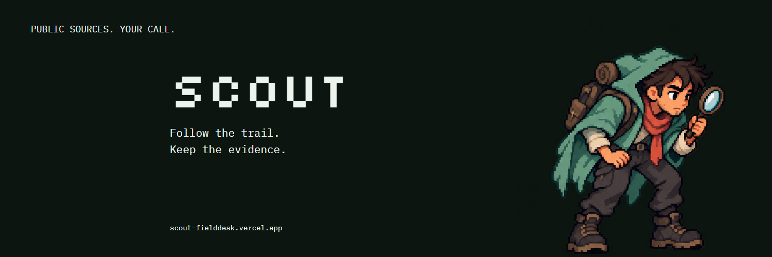 SCOUT X banner with the explorer holding a magnifying glass